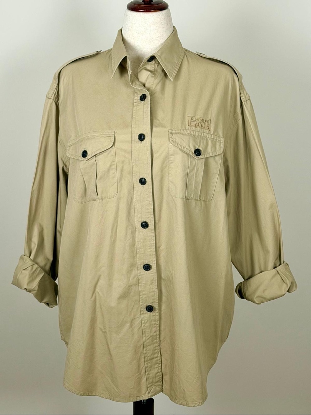 Lauren Ralph Lauren Khaki Safari Utility Button Front Shirt Large